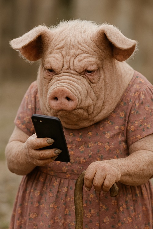 grumpy pig on phone